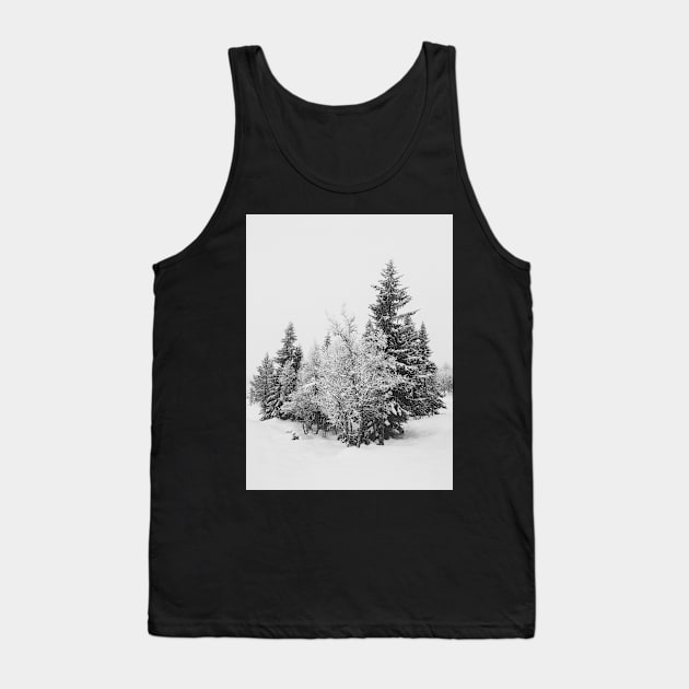 Snow-Covered Fir Trees in Frozen Winter Landscape in Black and White Tank Top by visualspectrum